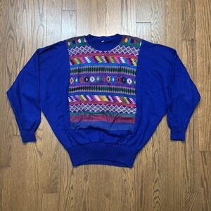 Vintage 80s Knit Sweater Women's Large 40 Ski Apres Winter Pattern Rainbow Blue